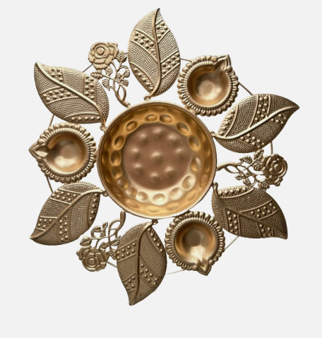 Handcrafted Metal Diya Urli Bowl – Gold– Diwali Wedding Home Decor Gift | 3 Diya