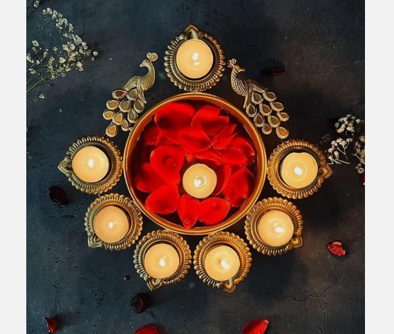 Handcrafted Metal Diya Urli Bowl – Gold– Diwali Wedding Home Decor Gift | 7 Diya