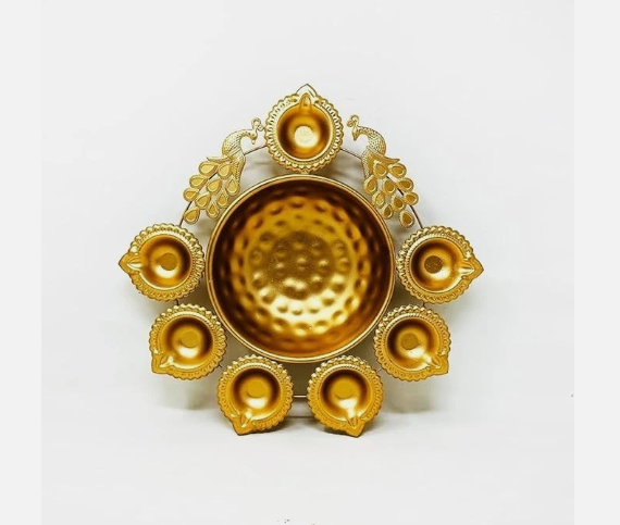 Handcrafted Metal Diya Urli Bowl – Gold– Diwali Wedding Home Decor Gift | 7 Diya