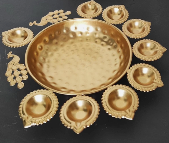 Handcrafted Metal Diya Urli Bowl – Gold– Diwali Wedding Home Decor Gift | 7 Diya
