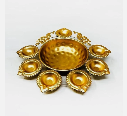 Handcrafted Metal Diya Urli Bowl – Gold– Diwali Wedding Home Decor Gift | 7 Diya