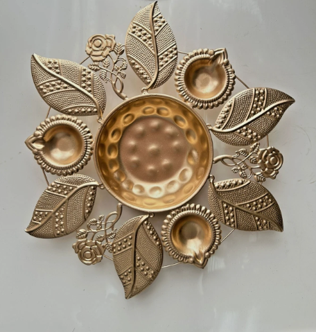 Handcrafted Metal Diya Urli Bowl – Gold– Diwali Wedding Home Decor Gift | 3 Diya