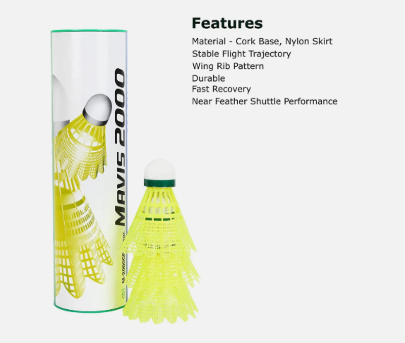 YONEX Mavis 2000 Green Cap Nylon Shuttle - Yellow (Slow, Pack of 6)